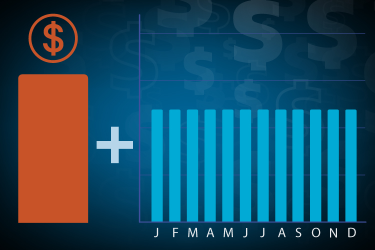 Money symbol and bar chart showing months of the year.