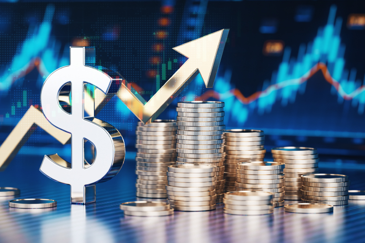 stacks of coins with dollar bill symbol and upwards pointing arrow
