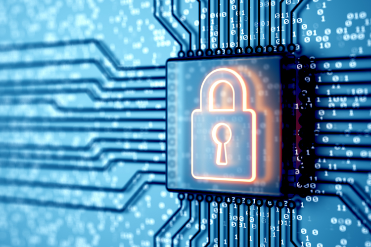 Digital padlock attached to a circuit board background.